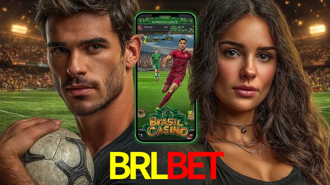 Homem segurando uma bola de futebol e uma mulher ao lado de um smartphone exibindo o jogo de apostas esportivas da BRLBET. Faça seu palpite no cassino online.